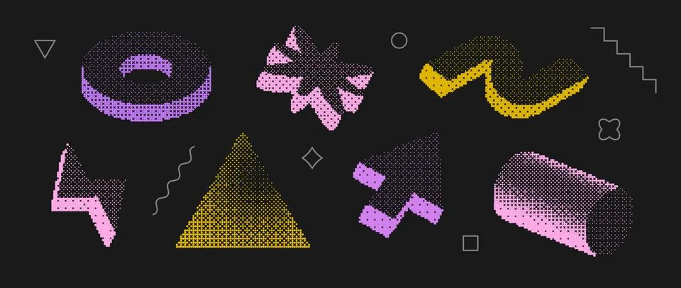 Bitmap textured shape set. Dither halftone objects collection. Colorful cylinder Stock Illustration