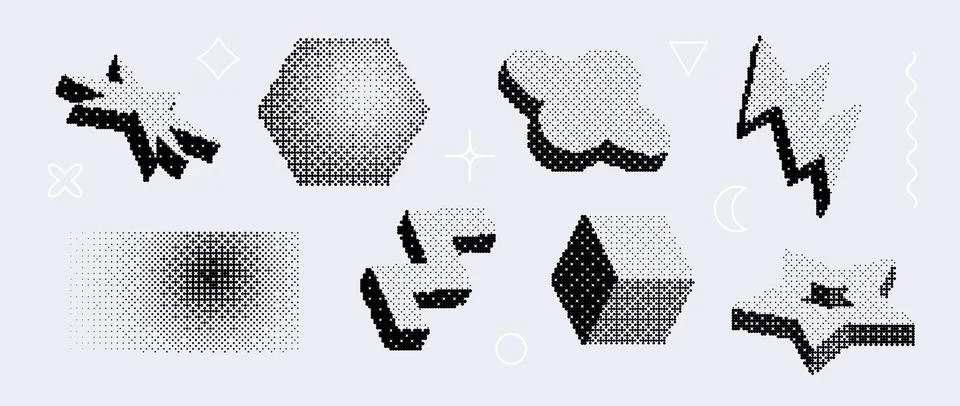 Bitmap textured shape set. Dither halftone geometric object collection. Black 스톡 일러스트