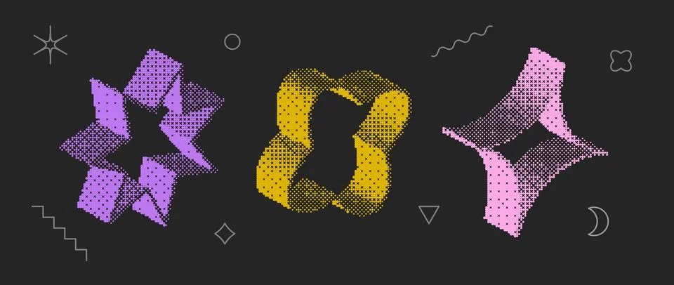 Bitmap textured shape set. Dither halftone objects collection. Colorful 3d Stock Illustration