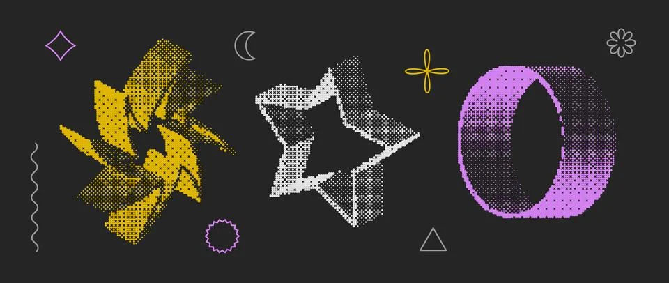 Bitmap textured shape set. Dither halftone objects collection. Colorful cylinder Illustrazione stock