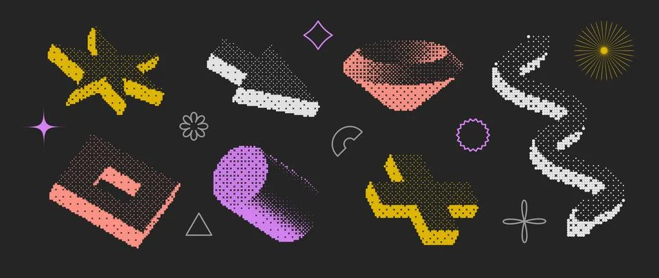 Bitmap textured shapes set. Dither halftone objects collection. Colorful Illustrazione stock
