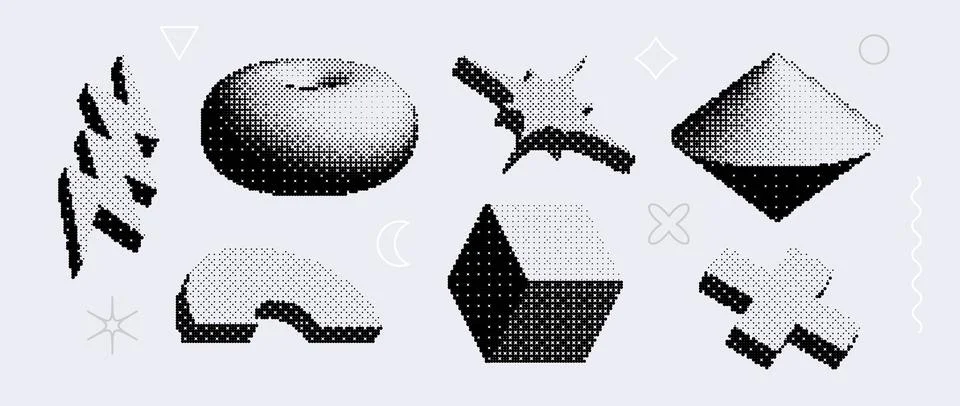 Bitmap textured shapes set. Dither halftone geometric objects collection. Black Illustrazione stock