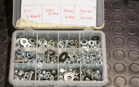 Bits and pieces, small part in a bycicle workshop Stock Photos