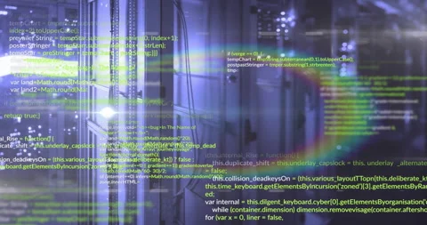 As bits drifting past server racks activating code overlays, pulsing lens flare Stock Footage 315614042