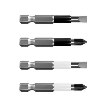Bits for electric drill or cordless screwdriver in vector on white background. Stock Illustration