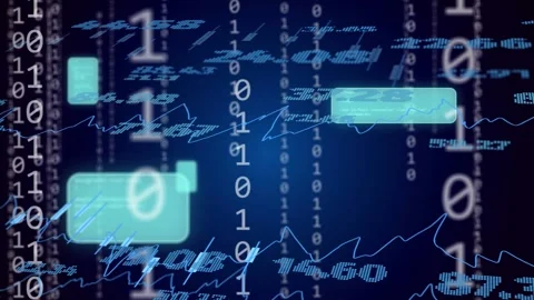 Bits falling starting floating data view teal panels sliding tickers turning Video stock 335739771