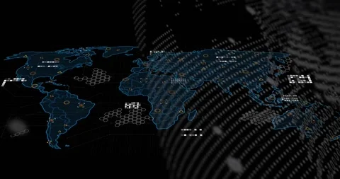 Bits scrolling from right initiating neon-blue map gaining hexes, pulsing links Stock Footage 330003447