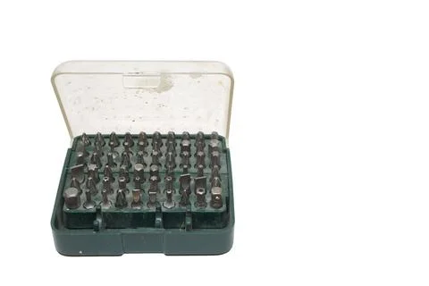 Bits toolbox. trasparent flip lid, green portable case, slotted, cross, tor.. Stock Photos