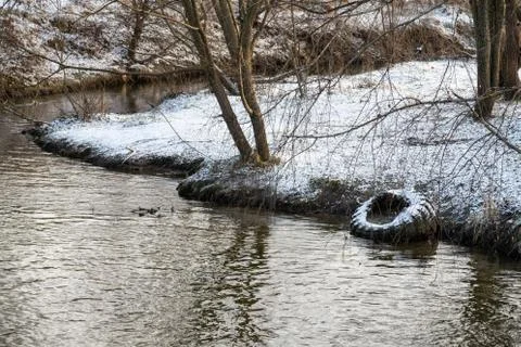 Bitsa river in the suburbs, light snow bushes, old tire, ecology Stock Photos