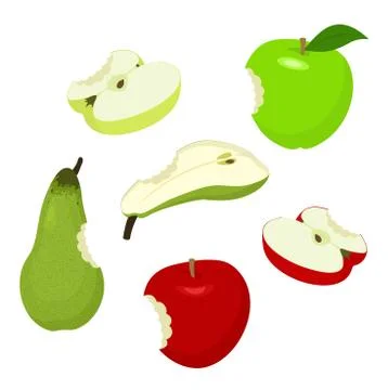 Bitteb apple and pear. Set of red, green, half, sliced, bitten, apples and pear Stock Illustration