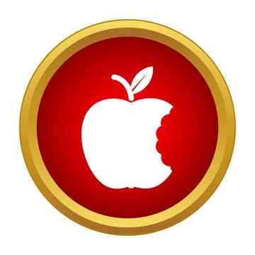 Bitten apple fruit icon on red button Stock Illustration