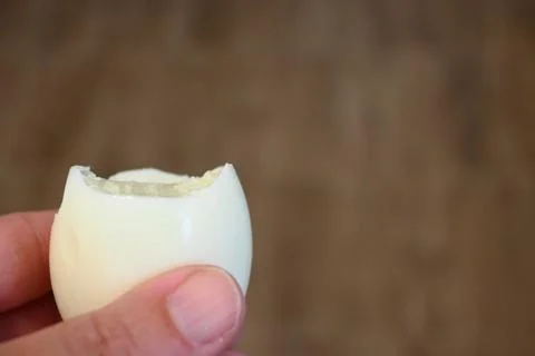 Bitten boiled egg in hand close-up Stock Photos