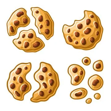 Bitten, Broken, Cookie Crumbs Set. Homemade Chocolate Chip Icons. Vector Stock Illustration