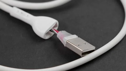 Bitten damaged torn white computer usb cable 動画素材 247411479