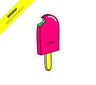 Bitten ice cream on a stick with distorted smile. Sticker Stock Illustration