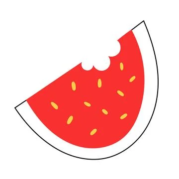 Bitten Slice of watermelon fruit. Red sweet slice of fruit with black seeds Stock Illustration