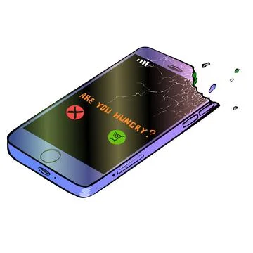 Bitten off top corner of the smartphone. On the display you are hungry. and Stock Illustration