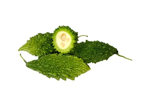 Bitter Melon with Bitter Melon Slice isolated in white background Stock Photos