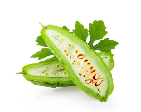 Bitter Melon with leaf isolated on white background. full depth of field Stock Photos