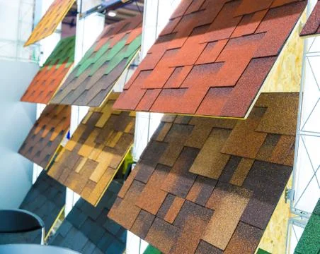 Bitumen tile, exhibition sample in the store Stock Photos