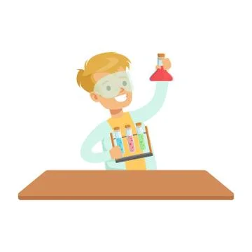 Biy Chemist And Test Tubes, Kid Doing Chemistry Science Research Dreaming Of Stock Illustration