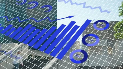 Biz data feed starting, 3D bars and pie charts forming overlaying grid while Stock Footage 334202752