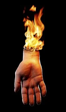 A Bizarre burning hand on black background Stock Photos