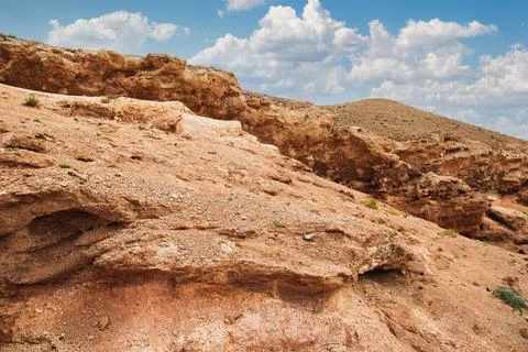 Bizarre forms in the arid terrain of the Charyn Canyon in the steppes of Central Stock Photos
