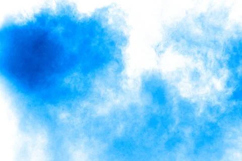 Bizarre forms of blue powder explode cloud on white background. 스톡 사진
