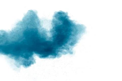 Bizarre forms of blue powder explode cloud on white background. Stock Photos