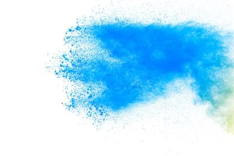 Bizarre forms of blue powder explode cloud on white background. Stock Photos