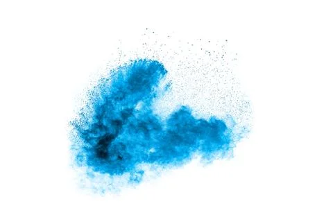 Bizarre forms of blue powder explode cloud on white background. Stock Photos