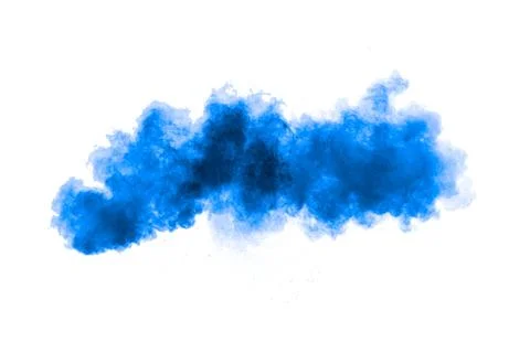 Bizarre forms of blue powder explode cloud on white background. Stock Photos