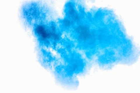 Bizarre forms of blue powder explode cloud on white background. Stock Photos