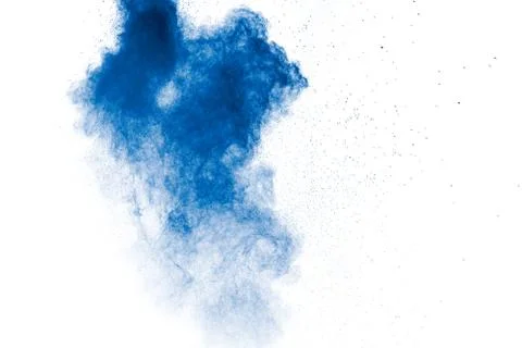 Bizarre forms of blue powder explode cloud on white background. Stock Photos