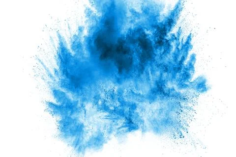 Bizarre forms of blue powder explode cloud on white background. Launched bl.. Stock Photos
