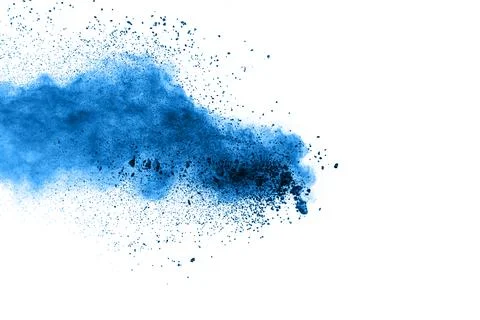 Bizarre forms of blue powder explode cloud on background. Launched blue dus.. 스톡 사진