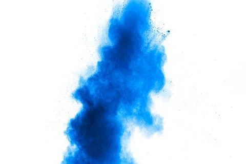 Bizarre forms of blue powder explode cloud on white background. Launched bl.. 写真素材