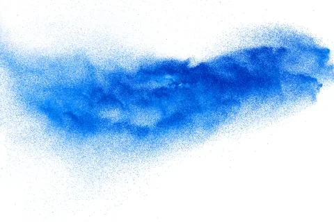 Bizarre forms of blue powder explosion cloud on white background. Launched .. Stock Photos