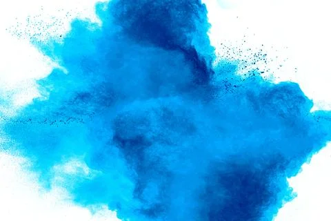 Bizarre forms of blue powder explosion cloud on white background.Launched b.. 写真素材