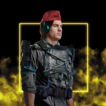 Bizarre guy dressed in armor and headwear against yellow background Stock Photos