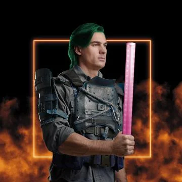 Bizarre guy dressed in armor and headphones holding stick 库存照片