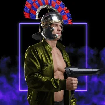Bizarre guy with plumed helmet dressed in jacket Stock Photos
