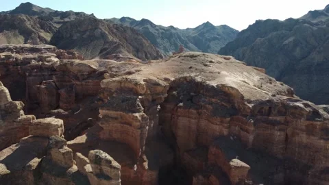 Bizarre red sandstone gorges, Martian Charyn Canyon, Kazakhstan Stock Footage 336102720