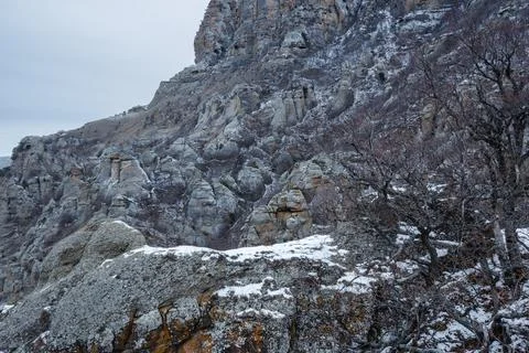 Bizarre rocks of Valley of ghosts on Mount Demerdzhi in spring. Crimea Stock Photos