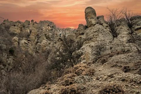 Bizarre rocks of Valley of ghosts on Mount Demerdzhi in spring. Crimea Stock Photos