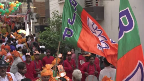BJP supporters with party flags during political campaign Video stock 348048887