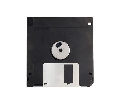 Black 3.5" floppy disk on a isolate white background.Computer devices in the  Foto stock