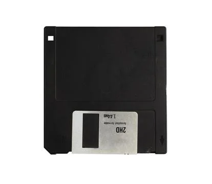 Black 3.5" floppy disk on a isolate white background.Computer devices in the  Foto stock