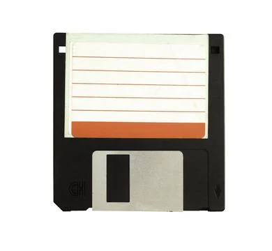 Black 3.5" floppy disk with tag for writing messages. on a isolate white back Stock Photos